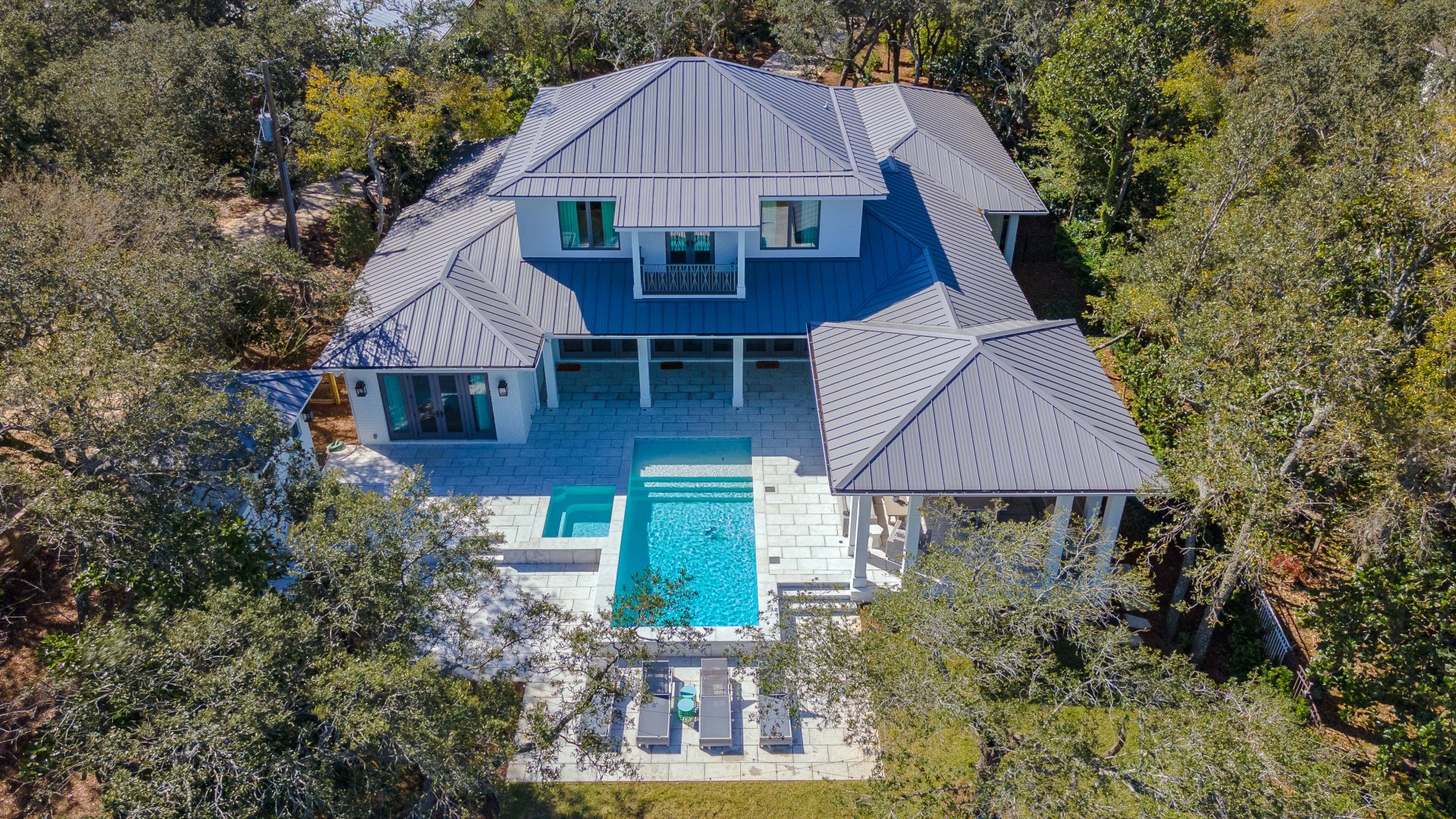 Aerial view of new 4,000 SF waterfront custom home outside of Pensacola, FL.