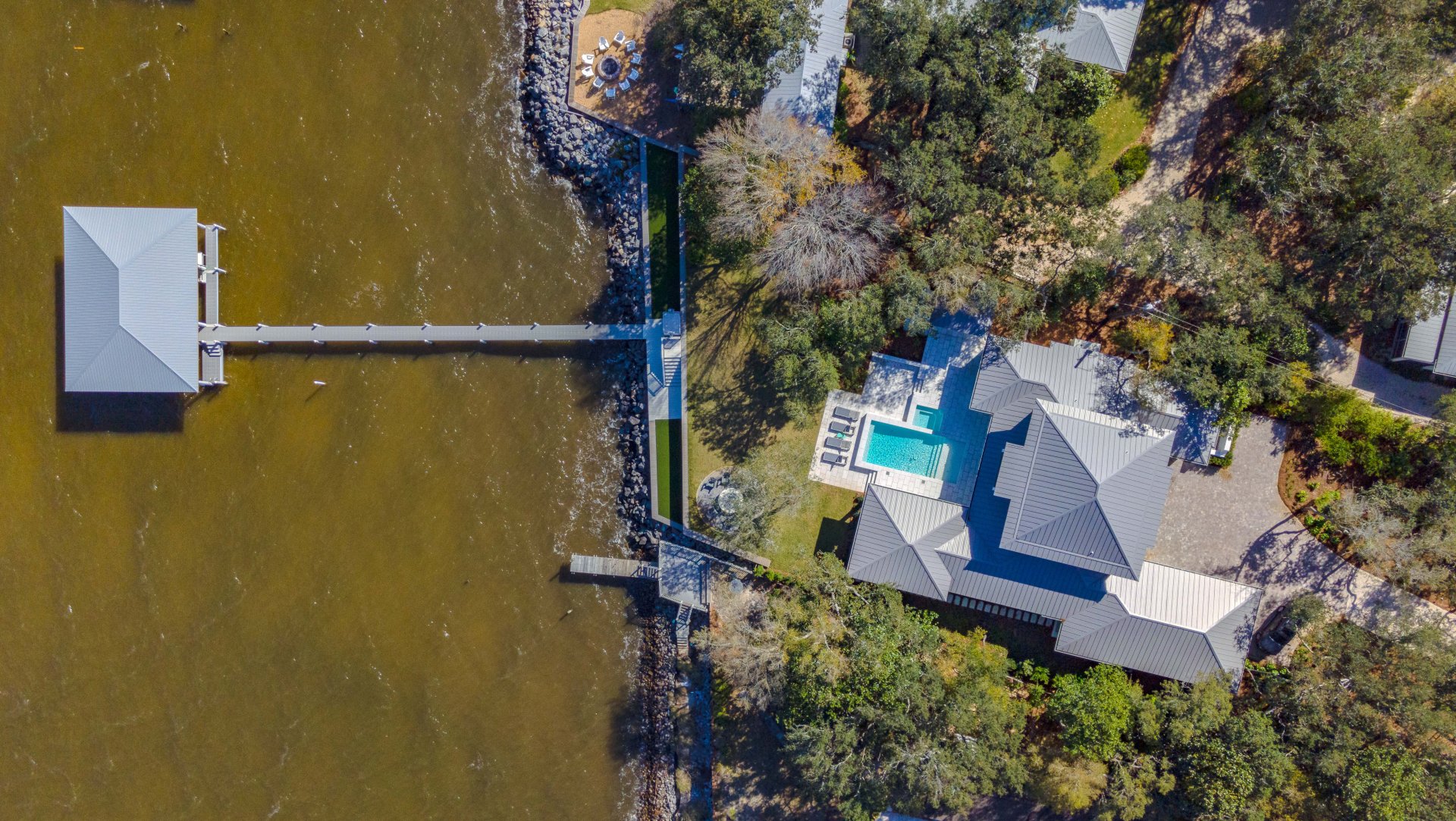 Aerial view of new 4,000 SF waterfront custom home outside of Pensacola, FL.