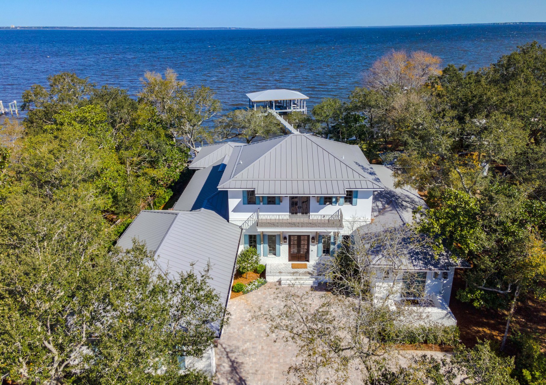 Exterior view of new 4,000 SF waterfront custom home outside of Pensacola, FL.